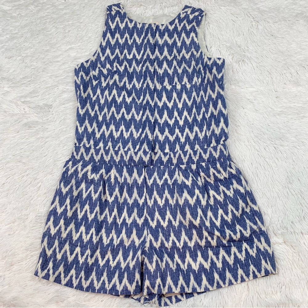 J Crew sleeveless chevron print linen blend romper blueโ white